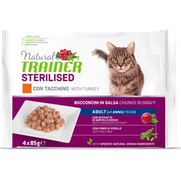 Image of Natural Trainer Cat Sterilised multipack 4 x 85 gr - Tacchino Cibo umido per gatti