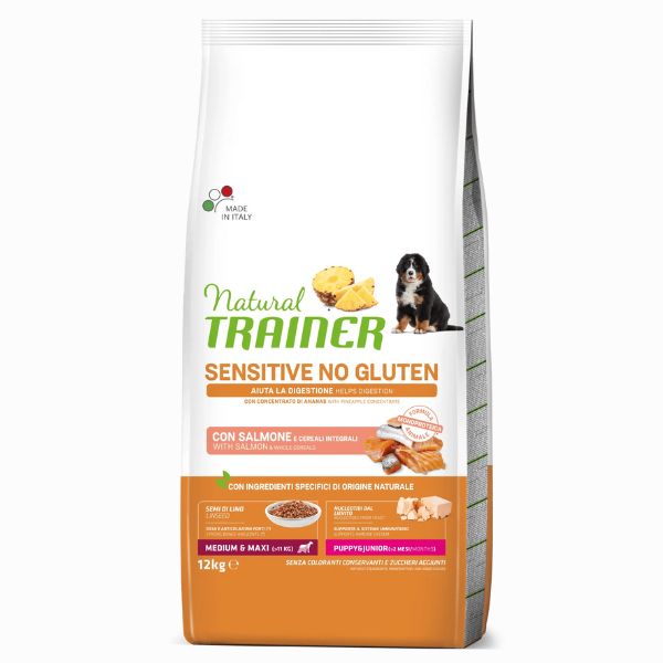 Image of Natural Trainer Sensitive No Gluten Medium/Maxi Puppy e Junior con Salmone - 12 Kg Croccantini per cani