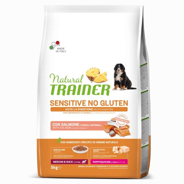 Image of Natural Trainer Sensitive No Gluten Medium/Maxi Puppy e Junior con Salmone - 3 Kg Croccantini per cani