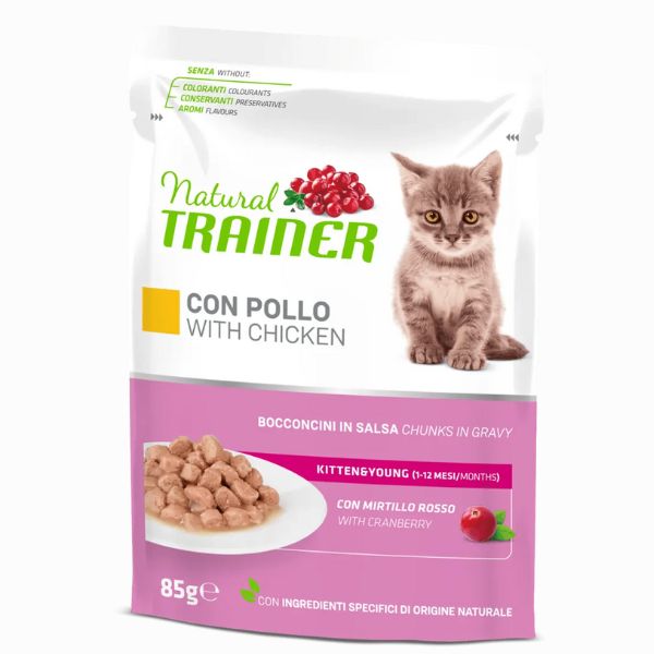 Image of Natural Trainer Kitten&Young Bocconcini in salsa 85 gr - Pollo Confezione da 12 pezzi Cibo umido per gatti