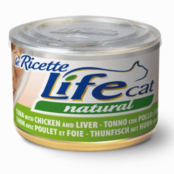 Image of Life Cat Natural Le Ricette 150 gr - Tonnetto con Pollo e Fegatini Confezione da 6 pezzi Cibo umido per gatti