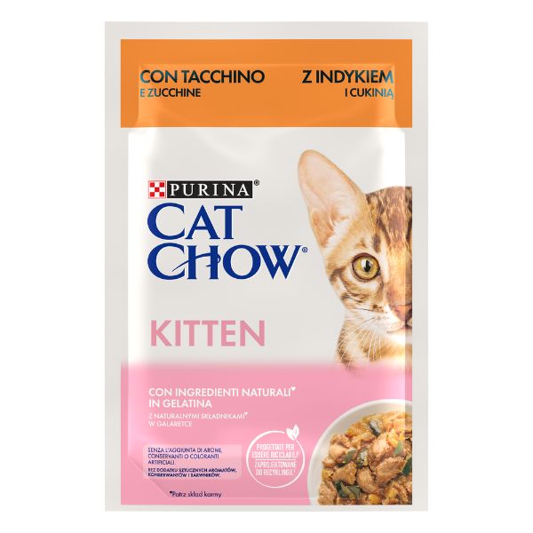 Image of Purina Cat Chow Kitten Umido Gatto in Gelatina 85 gr - Tacchino e Zucchine in Gelatina Confezione da 26 pezzi Cibo umido per gatti