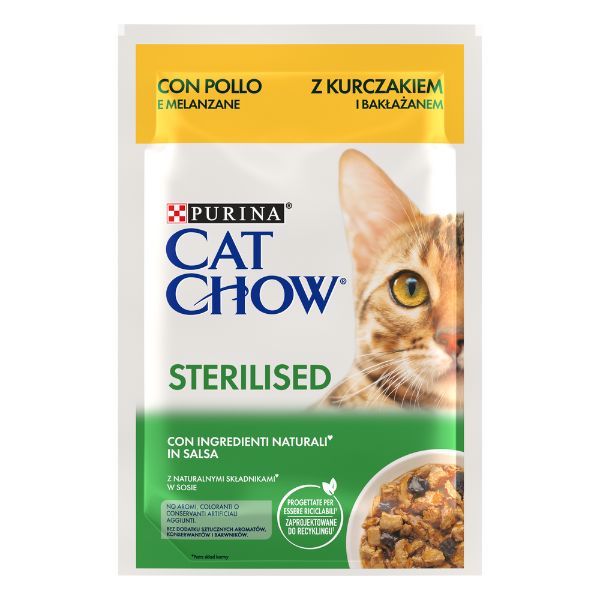 Purina Cat Chow Sterilised cibo umido per Gatti 85 gr - Pollo e Melanzane Confezione da26 pezzi
