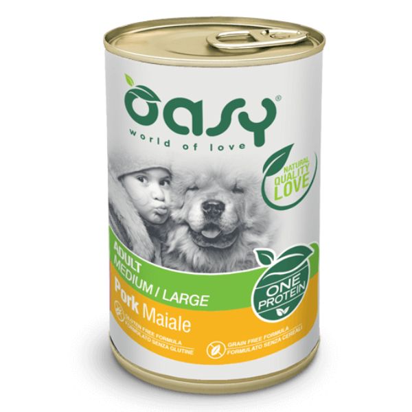 Image of Oasy One Protein Adult Medium/Large 400 gr - Maiale Confezione da 12 pezzi Monoproteico crocchette cani Cibo Umido per Cani