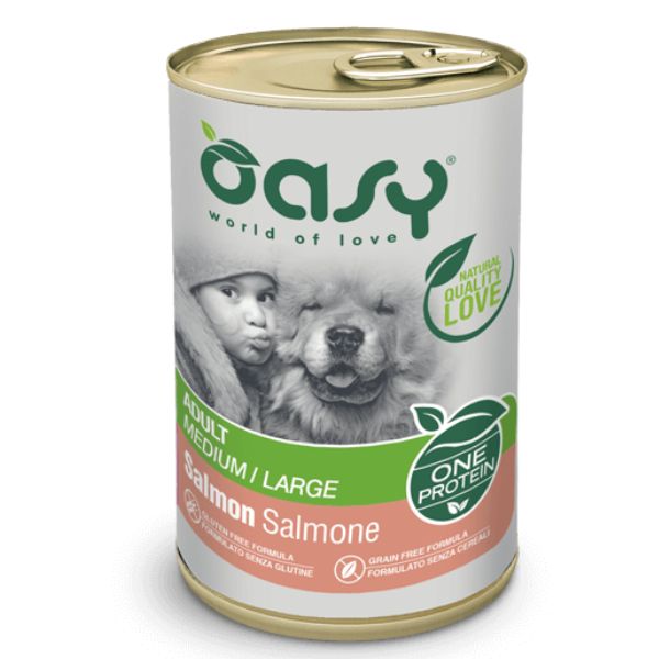 Image of Oasy One Protein Adult Medium/Large 400 gr - Salmone Confezione da 12 pezzi Monoproteico crocchette cani Cibo Umido per Cani