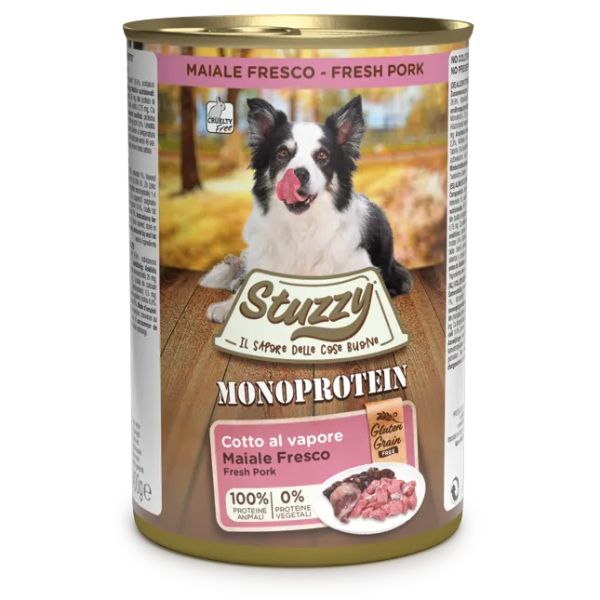 Image of Stuzzy Monoprotein gluten free 400 gr - Maiale Confezione da 6 pezzi Monoproteico crocchette cani Cibo Umido per Cani