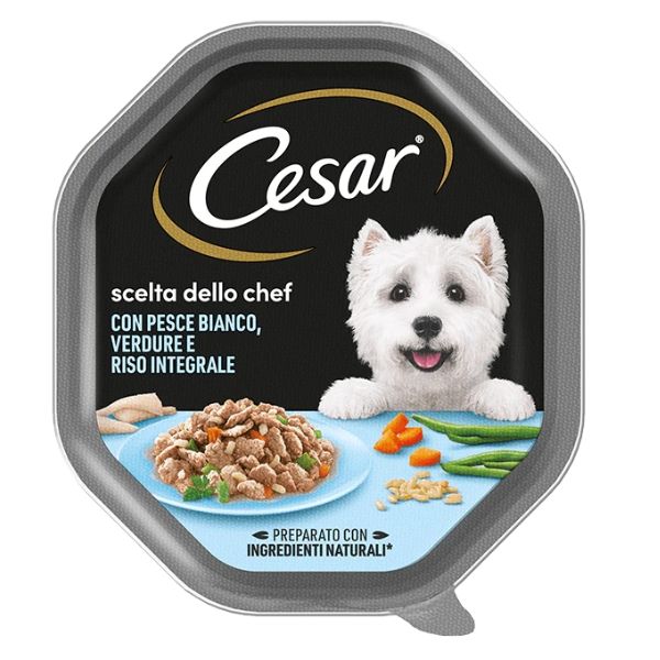 Image of Cesar Scelta dello Chef 150 gr per cani di taglia piccola - Pesce Bianco con Riso Integrale e Verdure Confezione da 14 pezzi Cibo Umido per Cani