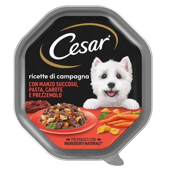 Image of Cesar Ricette di Campagna 150gr - Manzo e Pasta Confezione da 14 pezzi Cibo Umido per Cani