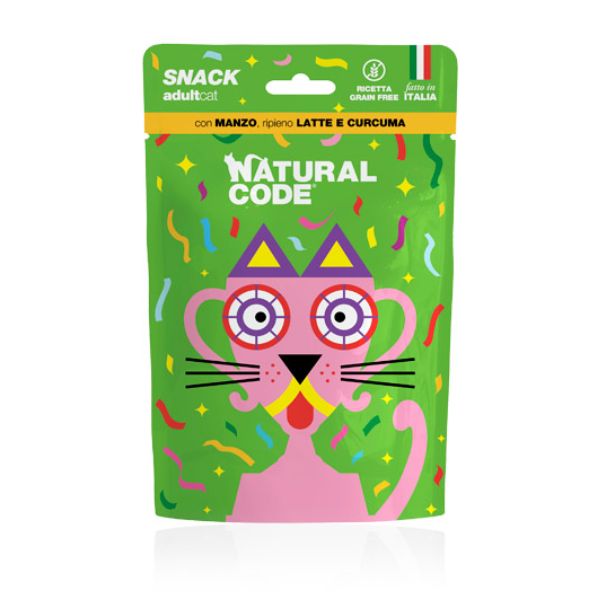 Natural Code Snack Cat Adult Grain Free 60 gr - con Manzo, ripieno di latte e curcuma