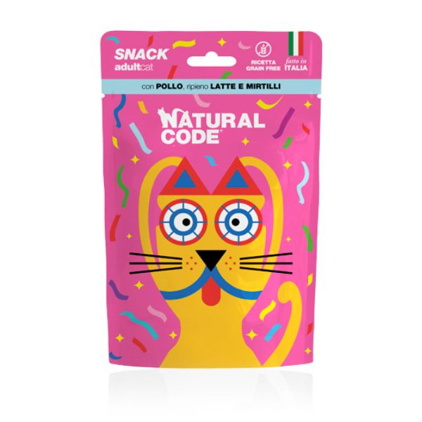 Natural Code Snack Cat Adult Grain Free 60 gr - con Pollo, ripieno di latte e mirtilli