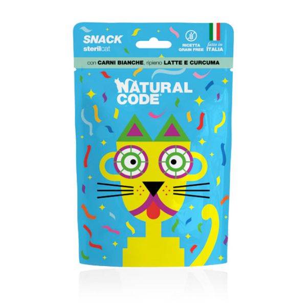 Natural Code Snack Cat Sterilized Grain Free 60 gr - con Carni Bianche, ripieno di latte e curcuma