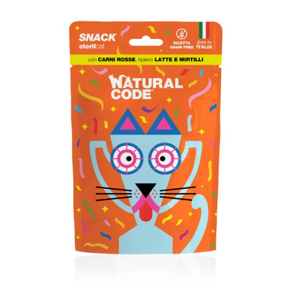 Natural Code Snack Cat Sterilized Grain Free 60 gr - con Carni Rosse, ripieno di latte e mirtillo