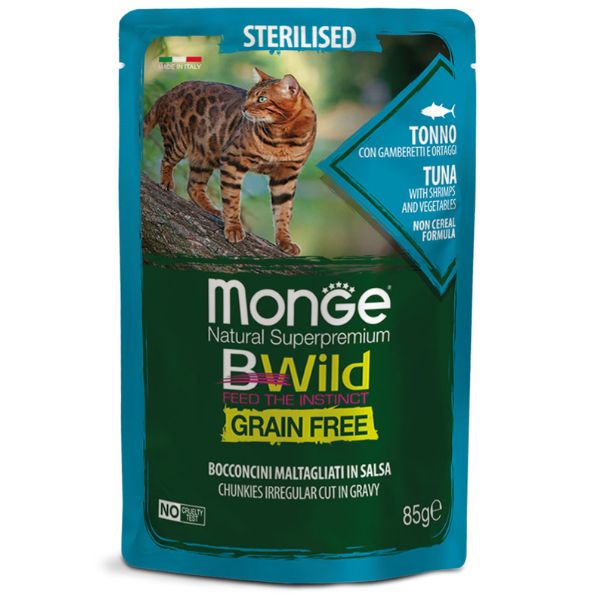 Image of Monge BWild Grain Free Sterilised Cat 85 gr - Tonno con gamberetti e ortaggi Confezione da 28 pezzi Cibo umido per gatti
