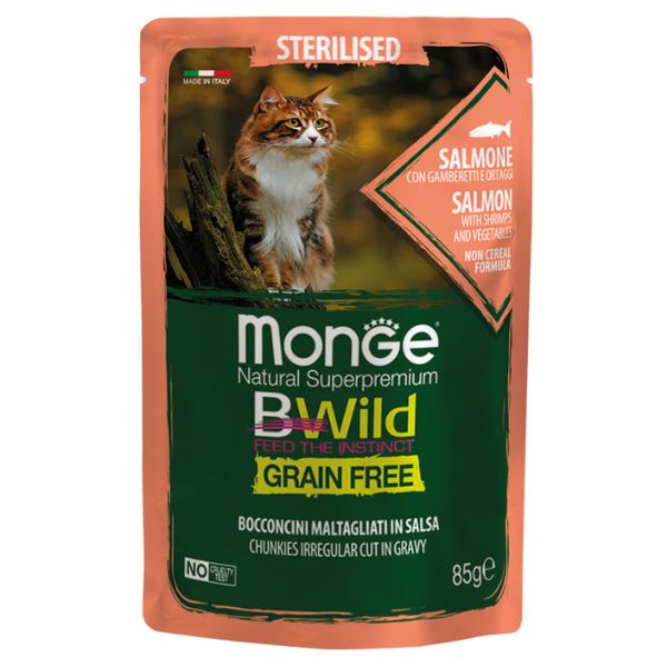 Image of Monge BWild Grain Free Sterilised Cat 85 gr - Salmone con gamberetti e ortaggi Confezione da 28 pezzi Cibo umido per gatti