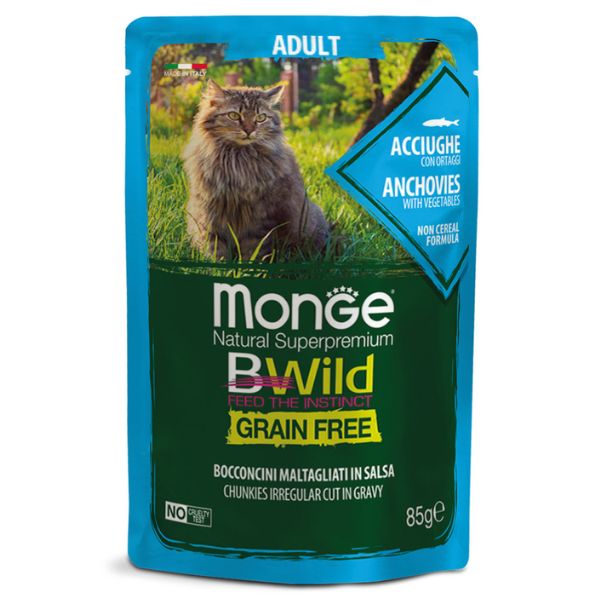 Image of Monge BWild Grain Free Adult Cat 85 gr - Acciughe e ortaggi Confezione da 14 pezzi Cibo umido per gatti