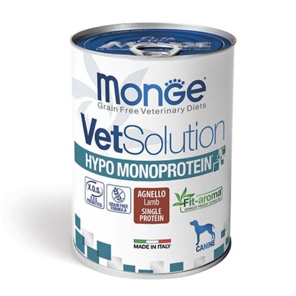 Image of Monge VetSolution Dog Hypo Monoprotein 400 gr - Agnello Confezione da 6 pezzi Monoproteico crocchette cani Cibo Umido per Cani