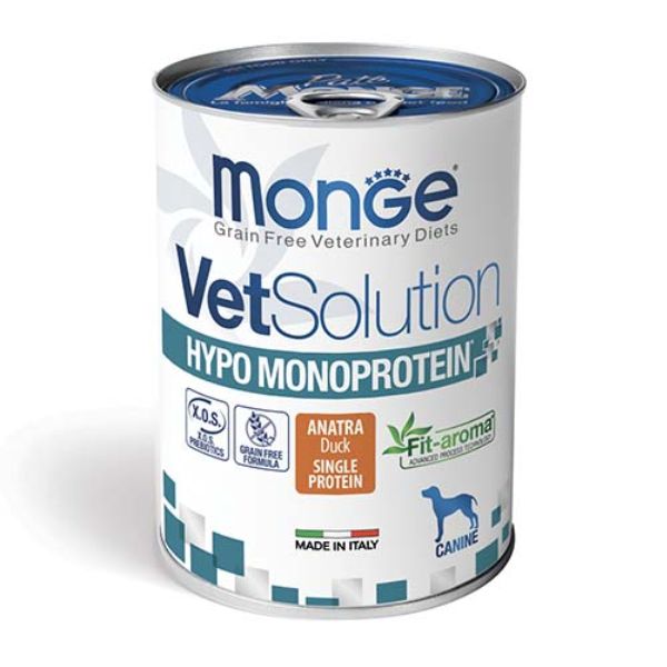 Image of Monge VetSolution Dog Hypo Monoprotein 400 gr - Anatra Confezione da 6 pezzi Monoproteico crocchette cani Cibo Umido per Cani
