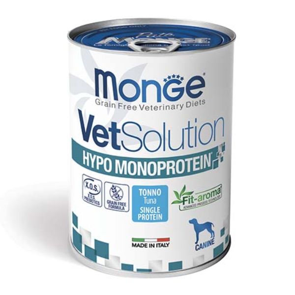 Image of Monge VetSolution Dog Hypo Monoprotein 400 gr - Tonno Confezione da 6 pezzi Monoproteico crocchette cani Cibo Umido per Cani