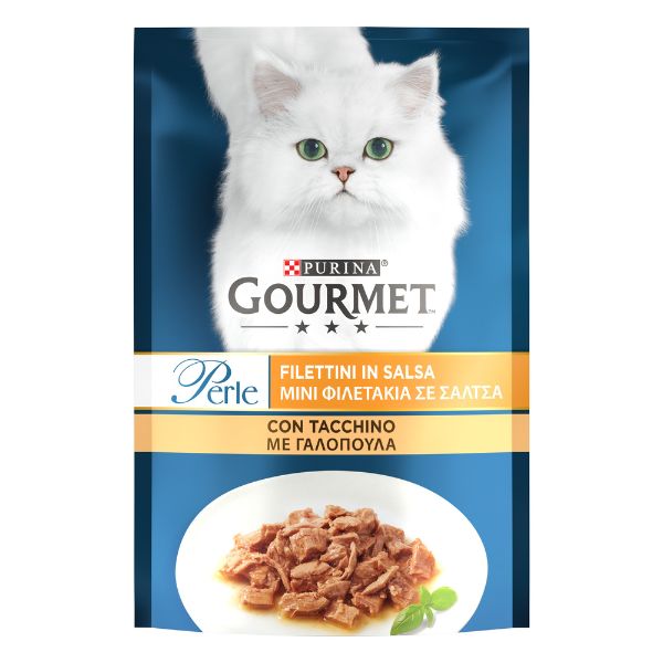 Image of Gourmet le Perle Filettini in Salsa 85 gr - con Tacchino Confezione da 26 pezzi Cibo umido per gatti