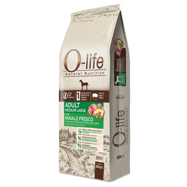 Image of O-life Dog Grain Free Adult Medium/Large Maiale fresco e Patate - 10 Kg Croccantini per cani