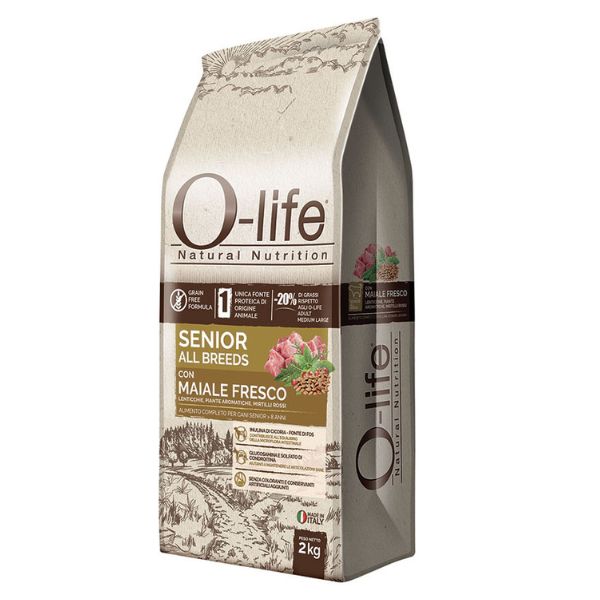 Image of O-life Dog Grain Free Senior All Breeds Maiale fresco - 2 Kg Croccantini per cani