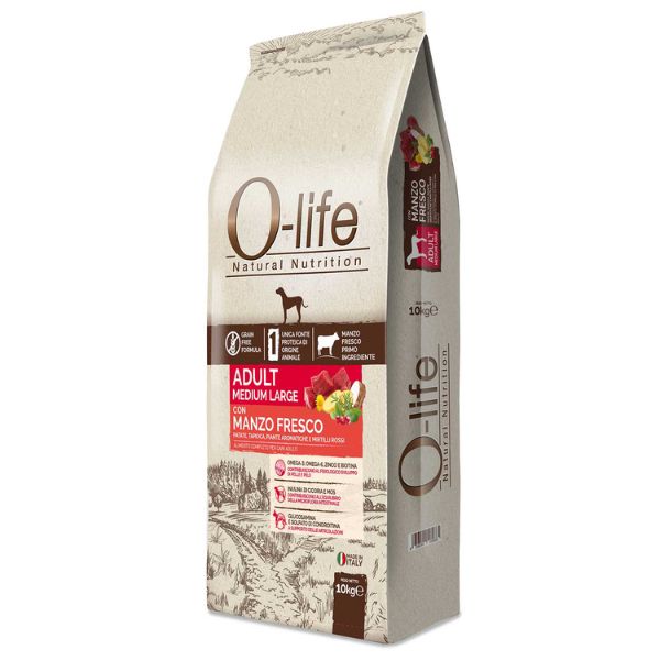 Image of O-life Dog Grain Free Adult Medium/Large Manzo fresco - 10 Kg Croccantini per cani