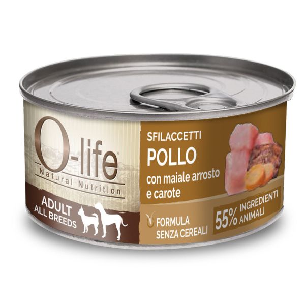 Image of O-life Dog Adult Sfilaccetti Grain Free 85 gr - pollo con maiale arrosto e carote Confezione da 6 pezzi Cibo Umido per Cani