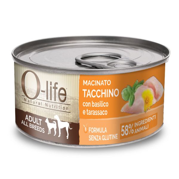 Image of O-life Dog Adult Macinato naturale 95 gr - tacchino con basilico e tarassaco Confezione da 6 pezzi Cibo Umido per Cani