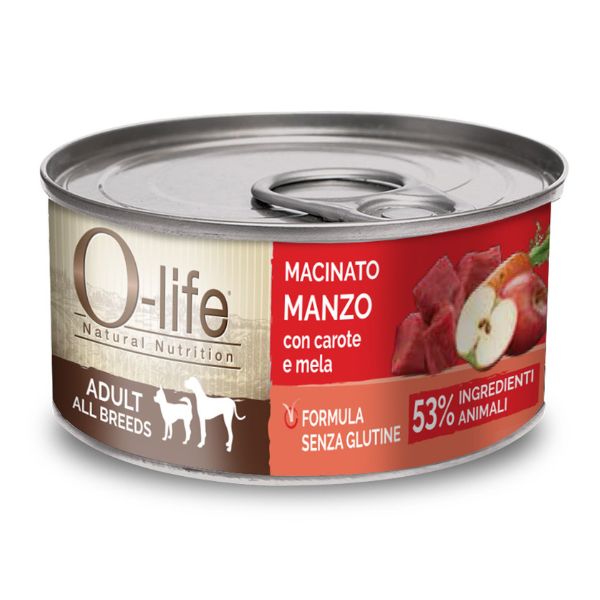 Image of O-life Dog Adult Macinato naturale 95 gr - manzo con carote e mela Confezione da 6 pezzi Cibo Umido per Cani