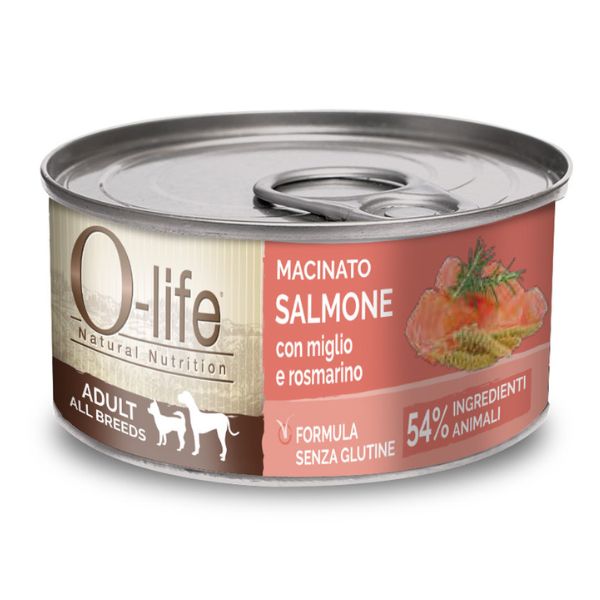 Image of O-life Dog Adult Macinato naturale 95 gr - salmone con miglio e rosmarino Confezione da 6 pezzi Cibo Umido per Cani