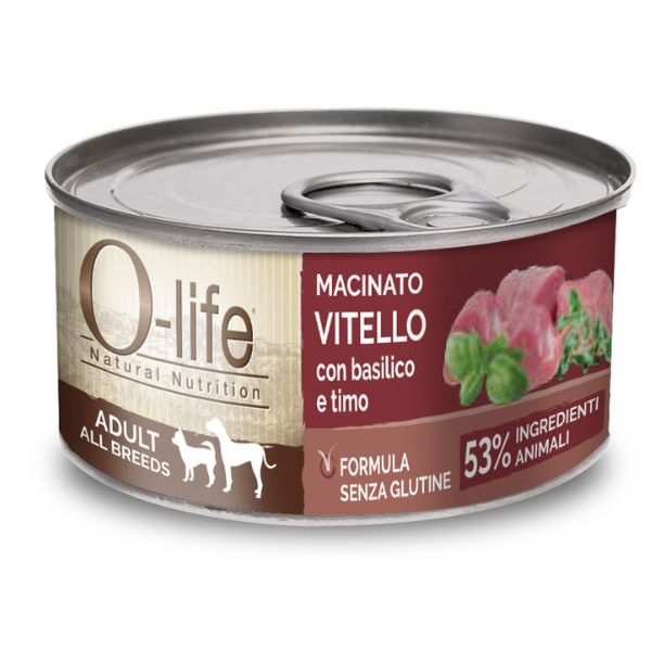 Image of O-life Dog Adult Macinato naturale 95 gr - vitello con basilico e timo Confezione da 6 pezzi Cibo Umido per Cani