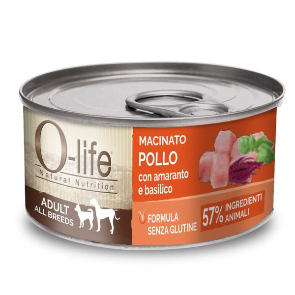 Image of O-life Dog Adult Macinato naturale 95 gr - pollo con amaranto e basilico Confezione da 6 pezzi Cibo Umido per Cani