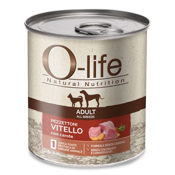 O-life Dog Adult Grain Free Pezzettoni monoproteici 400 gr - O-life Grain Free monoproteico 400 gr Vitello e carote - Umido Monoproteico Cane - 1° ORDINE? scegli lo sconto BZR5 / BZR20 + 200 punti fedeltà
