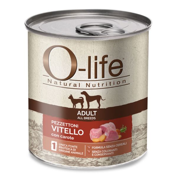 Image of O-life Dog Adult Grain Free Pezzettoni monoproteici 400 gr - Vitello e carote Confezione da 6 pezzi Monoproteico crocchette cani Cibo Umido per Cani