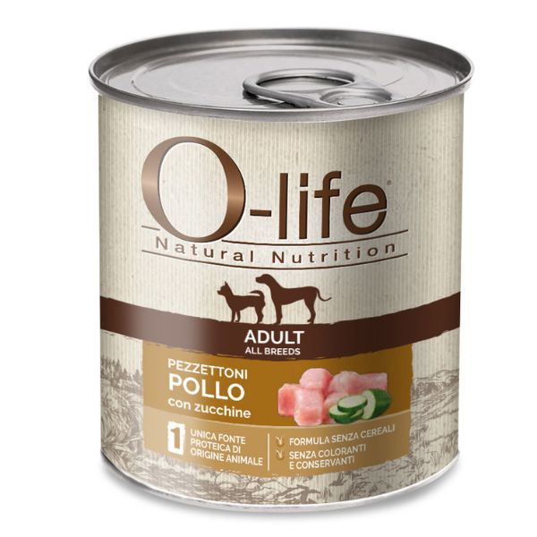Image of O-life Dog Adult Grain Free Pezzettoni monoproteici 400 gr - Pollo e zucchine Confezione da 6 pezzi Monoproteico crocchette cani Cibo Umido per Cani