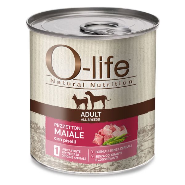 Image of O-life Dog Adult Grain Free Pezzettoni monoproteici 400 gr - Maiale e piselli Confezione da 6 pezzi Monoproteico crocchette cani Cibo Umido per Cani