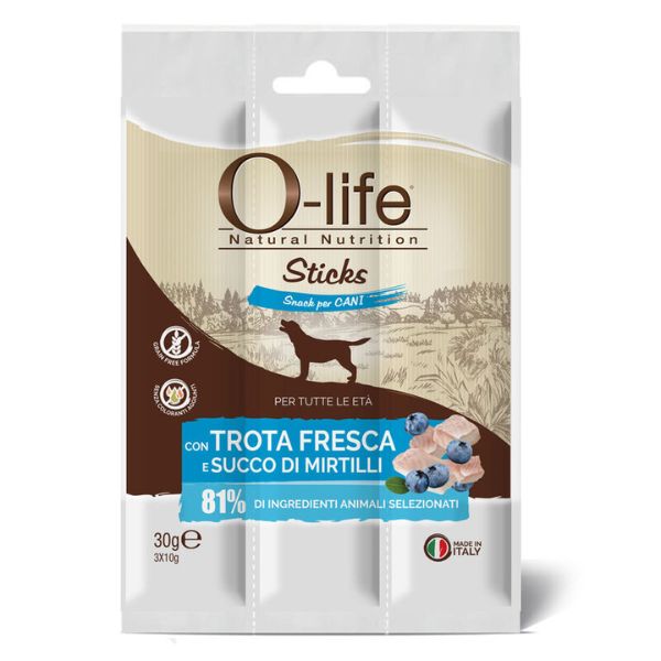 Image of O-life Sticks Grain Free Snack per cani 3x10 gr - Trota fresca e mirtilli