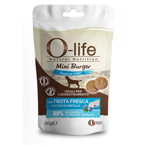 Image of O-life Adult Mini Burger Grain Free Snack per cani 60 gr - Trota e mirtilli Monoproteico crocchette cani