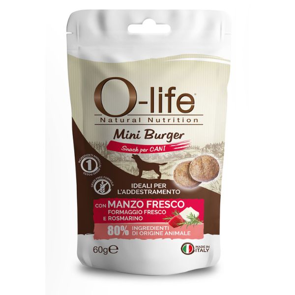 Image of O-life Adult Mini Burger Grain Free Snack per cani 60 gr - Manzo, formaggio e rosmarino Monoproteico crocchette cani