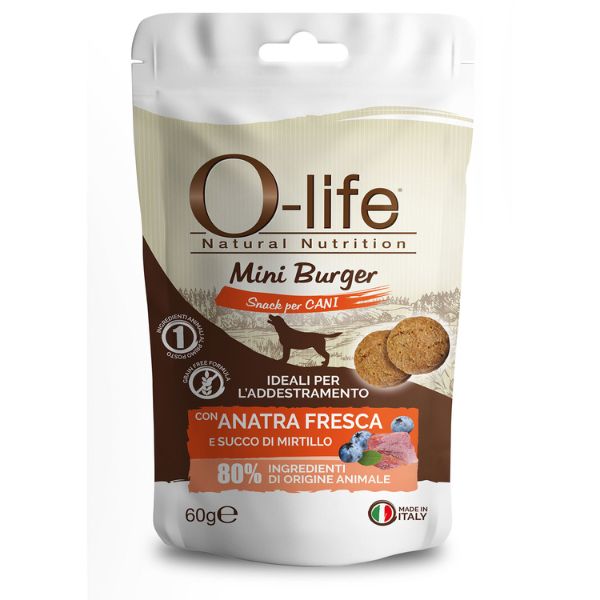 O-life Adult Mini Burger Grain Free Snack per cani 60 gr - Anatra e mirtilli (scadenza: 31/07/2024)