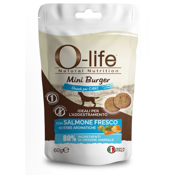 Image of O-life Adult Mini Burger Grain Free Snack per cani 60 gr - Salmone ed erbe aromatiche Monoproteico crocchette cani