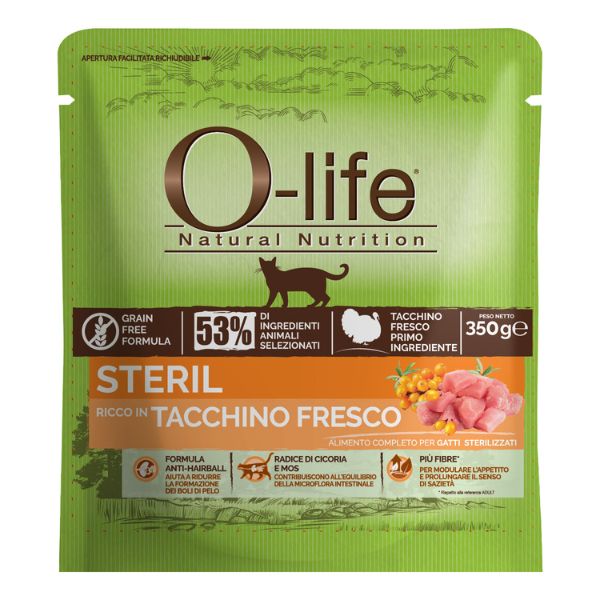 Image of O-life Cat Sterilised Grain Free Tacchino fresco - 350 gr Croccantini per gatti