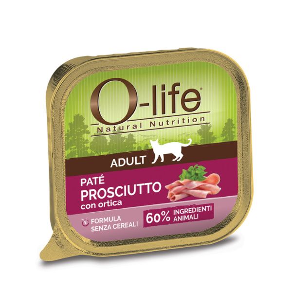 Image of O-life Cat Adult Grain Free Patè 85 gr - Prosciutto con ortica Confezione da 6 pezzi Cibo umido per gatti
