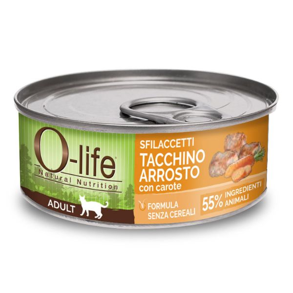 Image of O-life Cat Adult Sfilaccetti 70 gr - Tacchino arrosto con carote Confezione da 6 pezzi Cibo umido per gatti