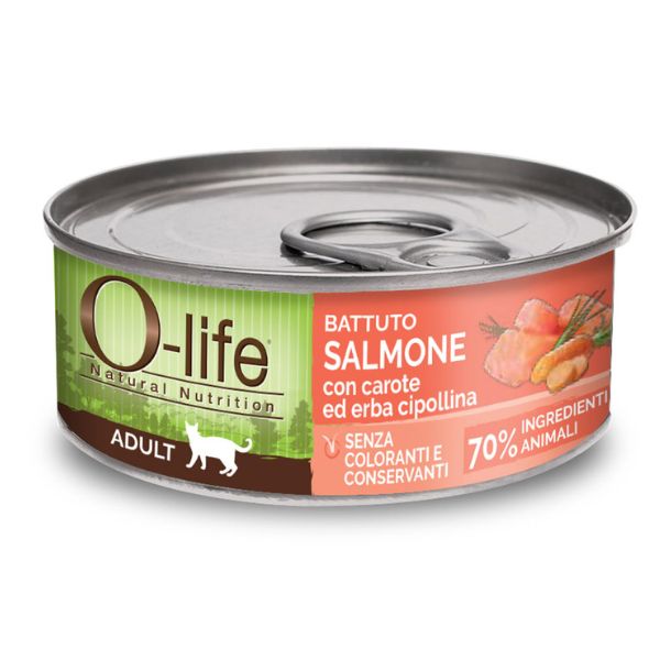 Image of O-life Cat Adult Grain Free Battuto 70 gr - Salmone e carote Confezione da 6 pezzi Cibo umido per gatti