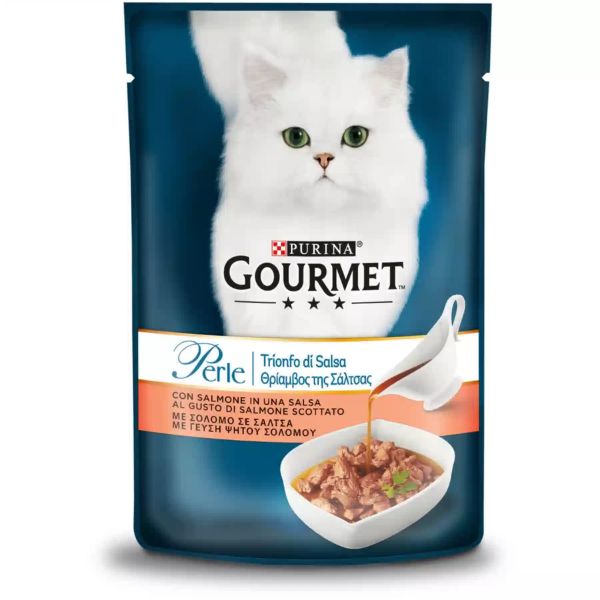 Image of Gourmet Perle Trionfo di Salsa 85 gr - Salmone Confezione da 26 pezzi Cibo umido per gatti