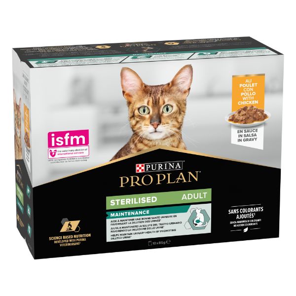 Image of Purina Pro Plan Cat Adult Sterilised Maintenance Multipack 10x85g - Pollo Cibo umido per gatti