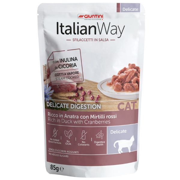 Image of ItalianWay Cat Sfilaccetti in salsa Delicate Digestion 85 gr - Anatra e mirtilli Confezione da 28 pezzi Cibo umido per gatti