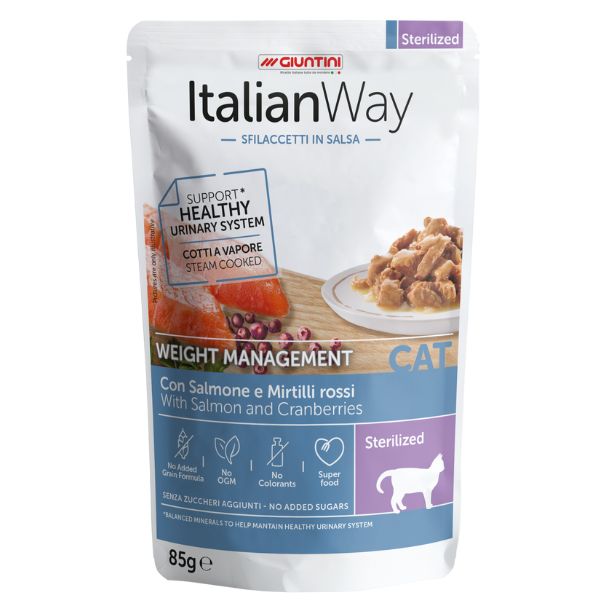 Image of ItalianWay Cat Sfilaccetti in salsa Weight Management Sterilized 85 gr - Salmone e mirtilli Confezione da 28 pezzi Cibo umido per gatti