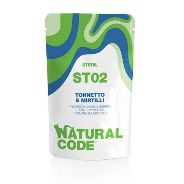 Image of Natural Code Sterilised Buste in Acqua di Cottura 70 gr - ST02 - tonnetto e mirtilli Confezione da 24 pezzi Cibo umido per gatti